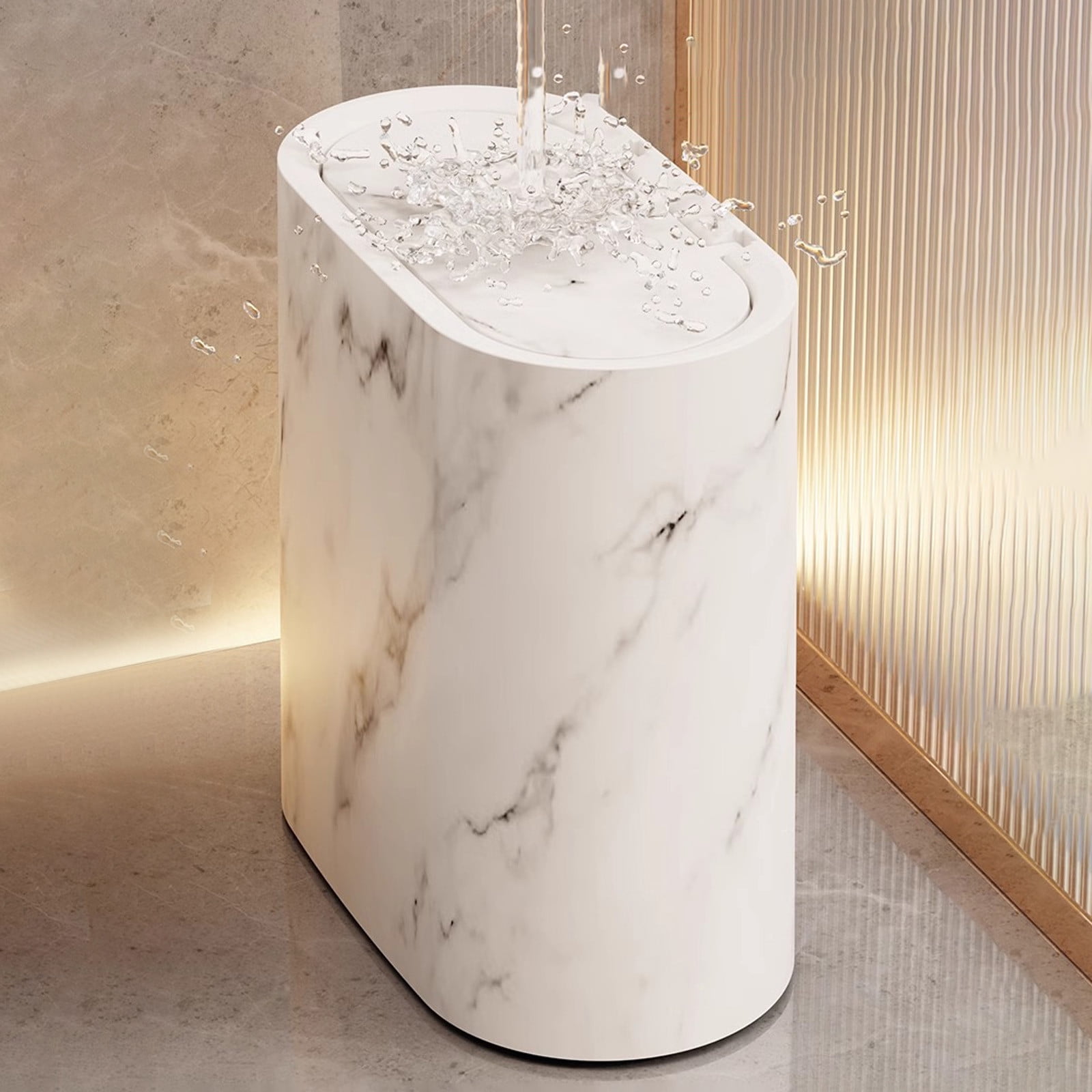 Bathroom Cans with Lids, Marble Wood Pattern Can, Detachable Inner, Small Garbage Bin with Press Type Lid, Narrow Wastebasket for Bathroom Home Indoor Hotel,White/2Pack
