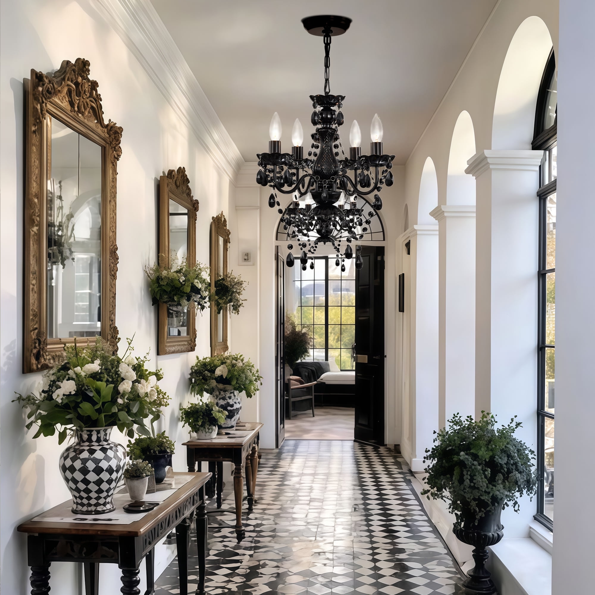 Small Crystal Chandelier Ceiling Lights Black 4-Light Fixture For Bedroom Dining Room