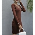 thumbnail image 3 of Vestido de punto con cuello en V encaje de color puro delgado manga larga vestido de suéter de moda para mujer café S, 3 of 5