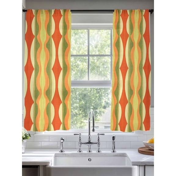 Orange Green Geometric Sheer Curtains for Living Room Bedroom Contemporary Abstract Moire Sheer Curtains 63 Inch Long 2 Panels Set Light Filtering Curtain Window Treatments Drapes for Dining Room
