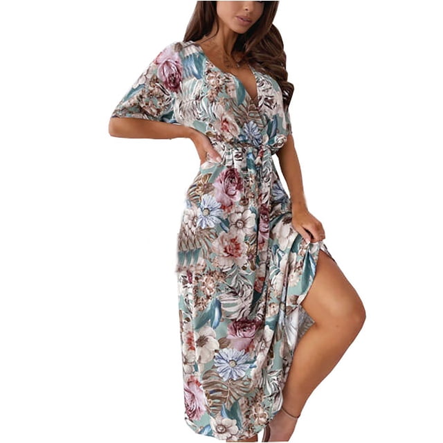 Leutsin Robe d'Été Décontractée pour Femme Grande Taille Robe pour Femme à Manches Courtes Col en V Robe Longue à Fleurs avec Ceinture