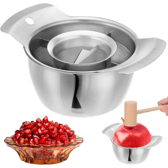 Pomegranate Deseeder， Stainless Steel Pomegranate Arils Removal Tool Non-Slip with Bowl and Wood Hammer