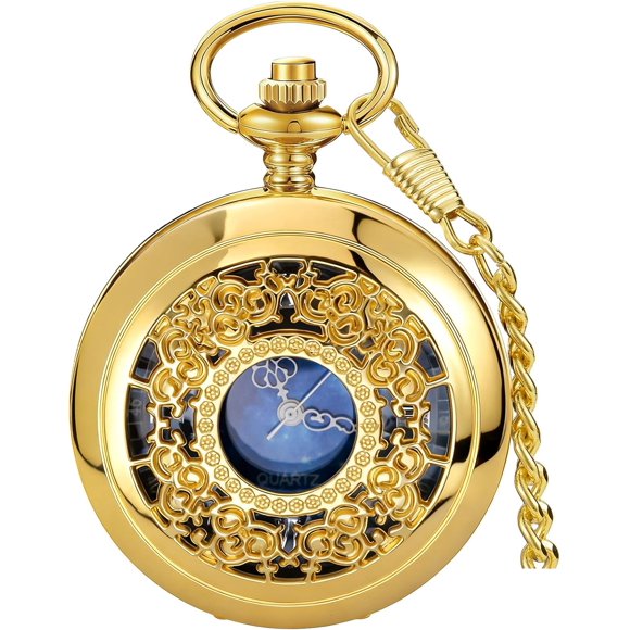 Tiong Quartz Pocket Watch Hollow Steampunk Blue Star Design Roman Numerals Pocket Watch with Chain Christmas Gifts