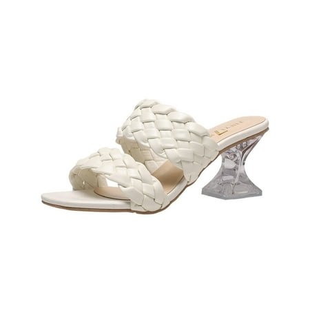 

Women‘s Transparent Pyramid Heel Sandals Chunky Heel Woven Open Toe High Heels Square Toe Shoes