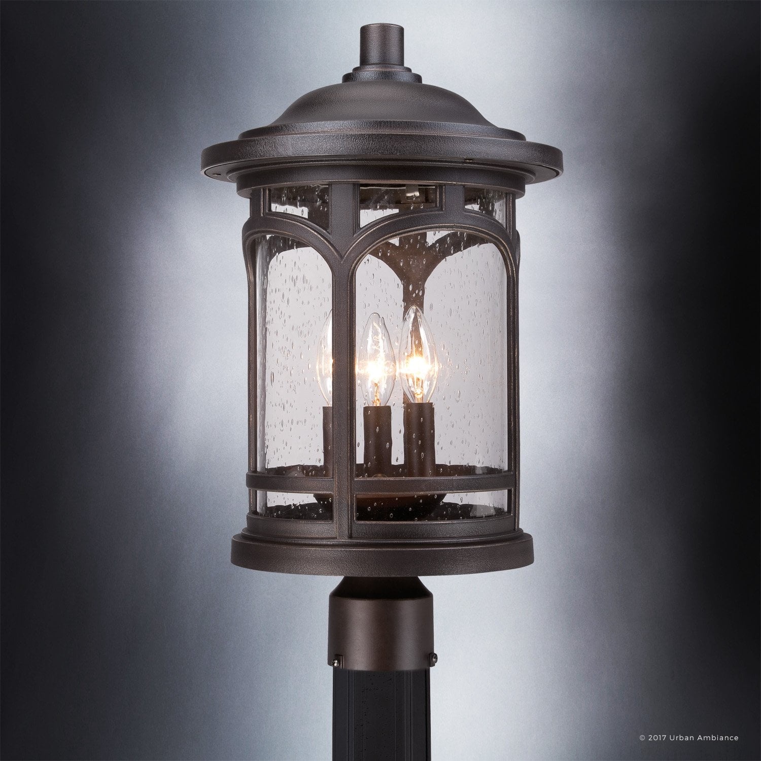 Urban Ambiance Luxury Rustic Outdoor Post Light, Medium Size: 19"H x 11"W, with Colonial Style Elements, Wrought Iron Design, Oil Rubbed Parisian Bronze Finish and Seeded Glass, UQL1107