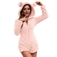 thumbnail image 2 of RYRJJ Womens Plush Hooded Jumpsuit Sherpa Fuzzy Pajamas Long Sleeve Cute One Piece Onesie Winter Warm Short Rompers Sleepwear(Pink,L), 2 of 8