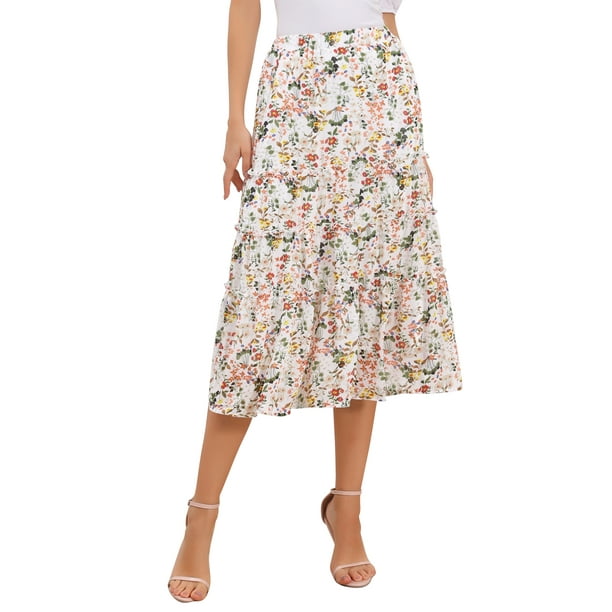 Falda Floral de Chiffon para Mujeres Inspire Chic, Falda Midi Bohemia de Volantes en Capas, L Beige-1