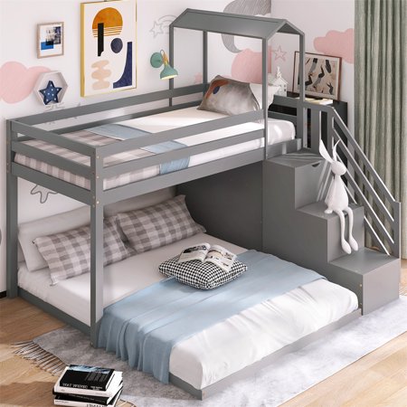 JINS&VICO Twin Over Full Bunk Bed for Kids  Wood Bunk Bed Frame with Storage Stairs and Shelves  House Shaped Loft Bed with Roof and Guardrails for Teens Boys and Girls  No Spring Box Needed  Gray