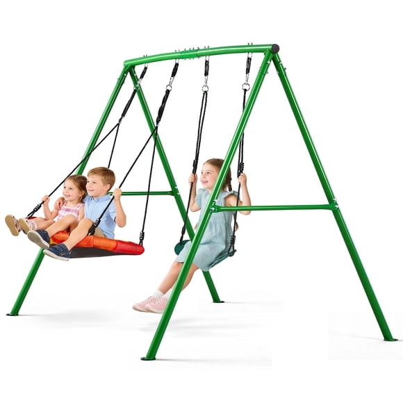 VEVOR Swing Set for Backyard, 32 in Saucer Swing Seat and Belt Seat, with Heavy Duty A-Frame Metal Stand, 440 lbs Load Capacity, Reinforced with Spiral Ground Anchors, Swingset Outdoor for Kids
