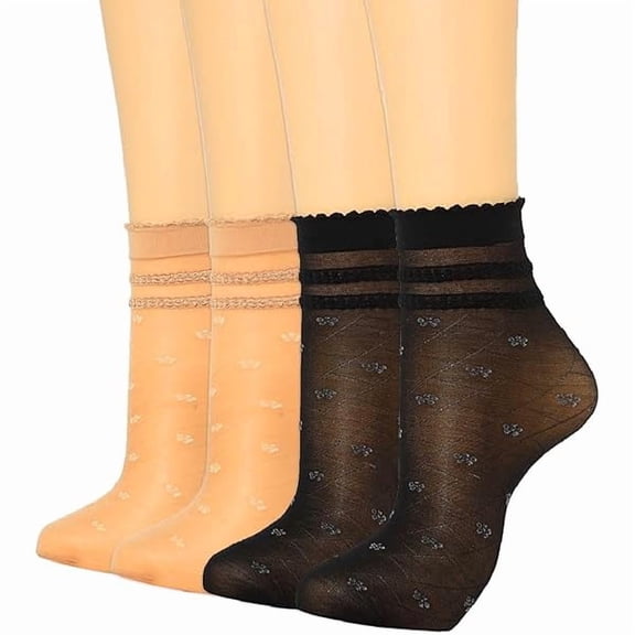 Eryueer Women Sheer Ruffle Socks Nude Nylon Stocking Thin See Through Silk Ankle Socks, 4 Pairs