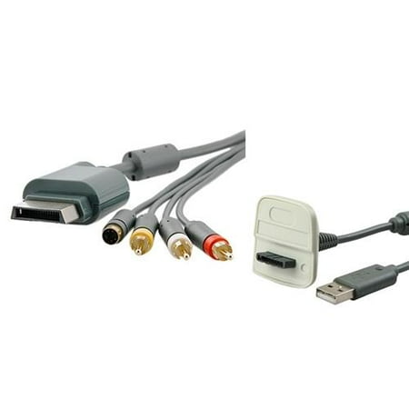 Xbox 360 Wireless Controller USB Charging Cable, Grey + S-Video AV Cable by Insten