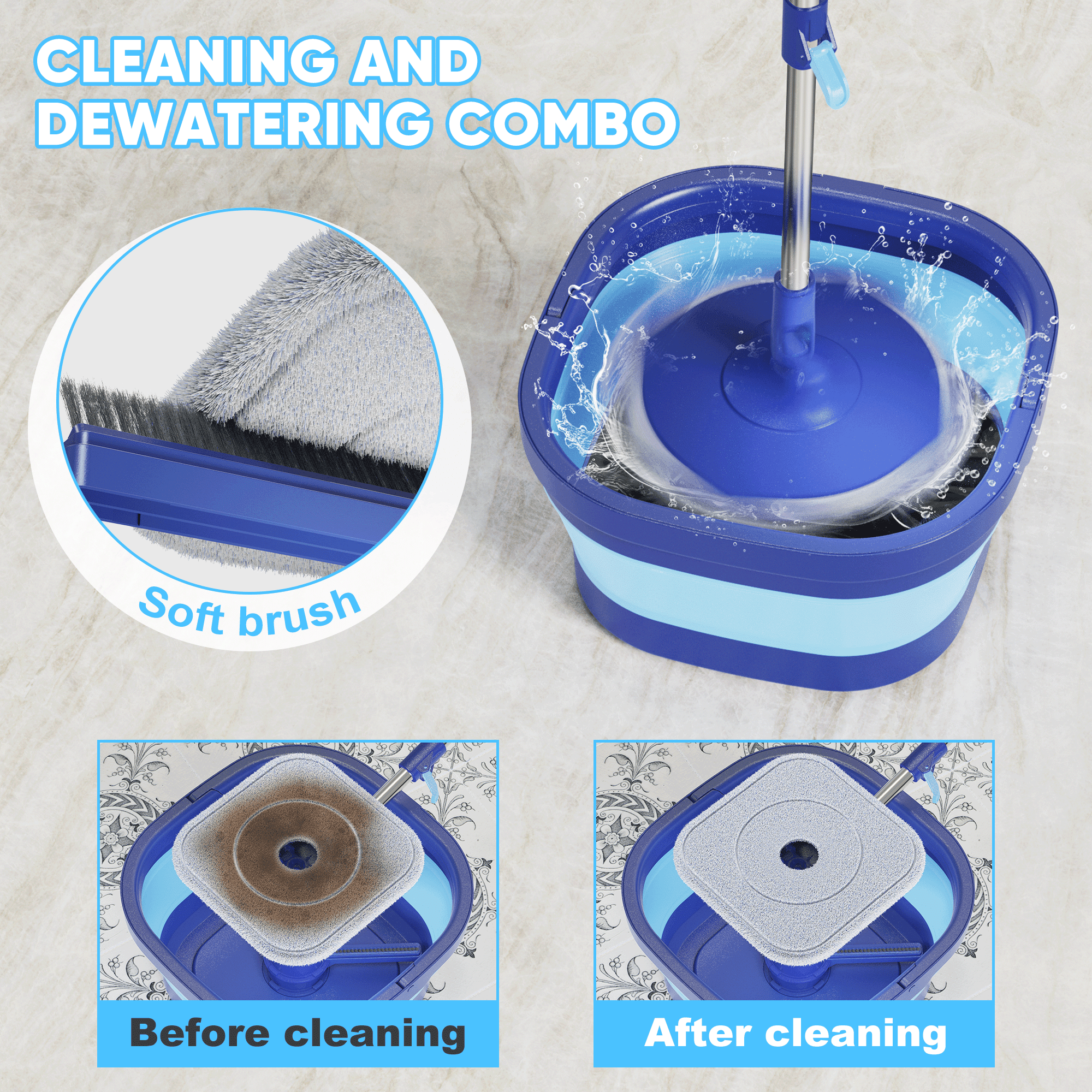 SUGARDAY Spin Mop and Bucket with Wringer Set for Floors, Collapsible Bucket with handle and Flat Wall mop with 5 Microfiber Pads