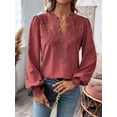 thumbnail image 2 of Womens V Neck Boho Long Sleeve Shirts Dot Chiffon Blouses Flowy Lace Crochet Clothing Casual Trendy Wine Red S, 2 of 7