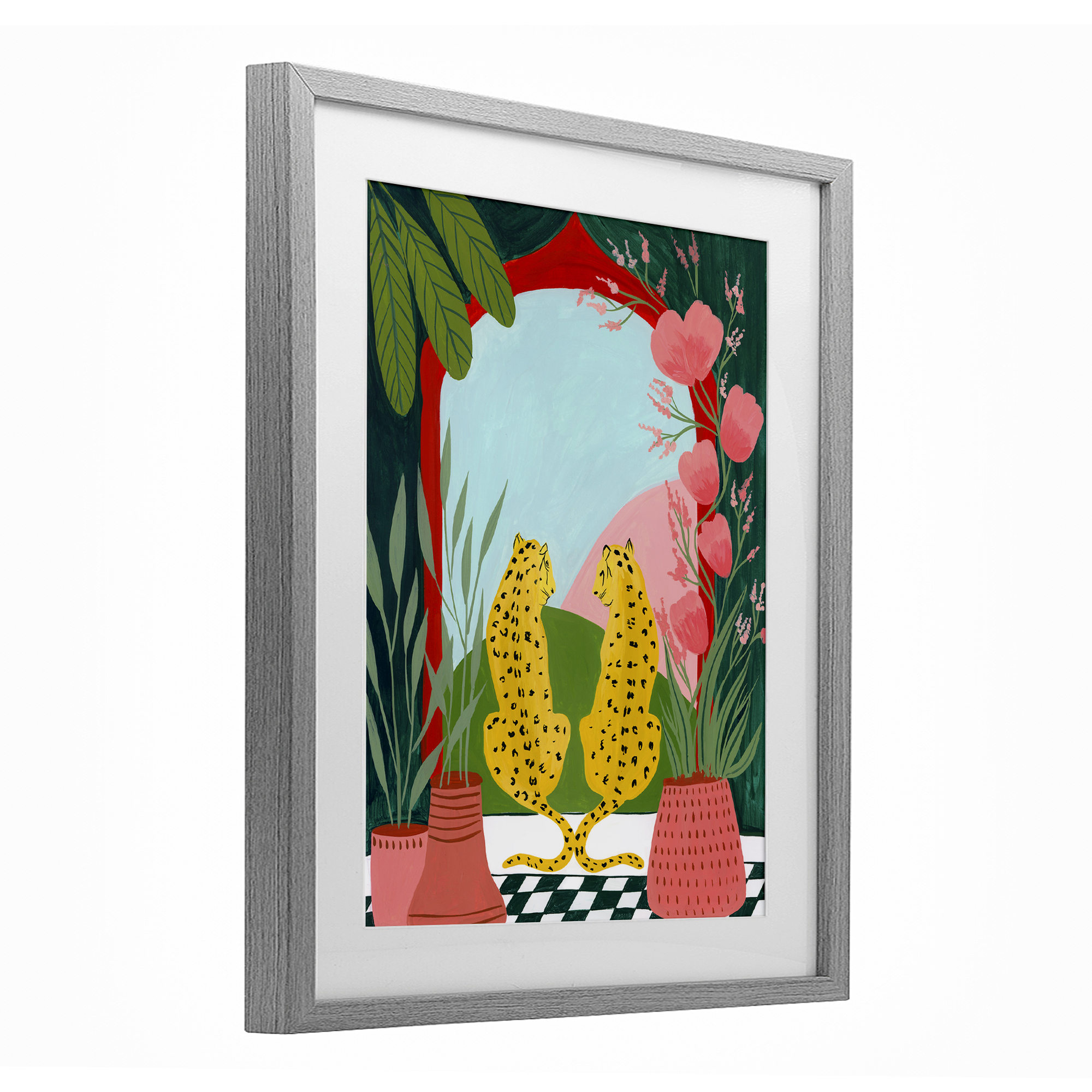 Twin Leopard & Plants Gray Framed Print Under Glass, design by Nabeela Rumi