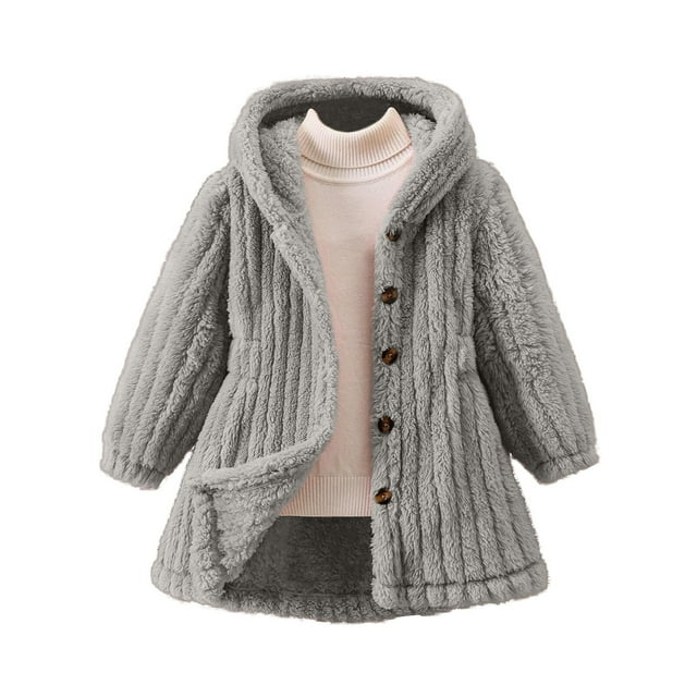 LOVZFMLL Jackets for Girls Fashionable Girls' Solid Color Plush Jacket Warm Hooded Cardigan Long Jacket 5 Years