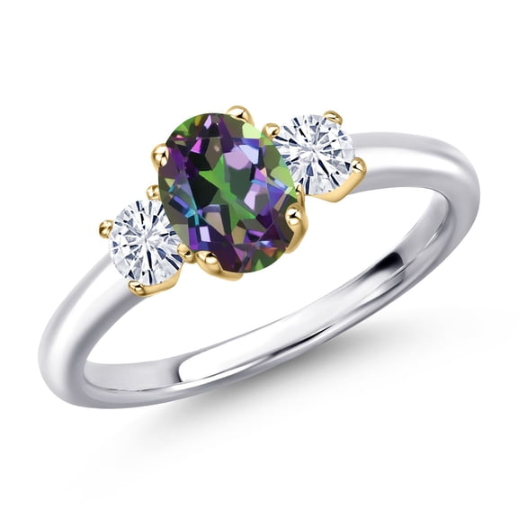 Gem Stone King 925 Silver and 10K Yellow Gold Green Mystic Topaz and White Moissanite Engagement Ring for Women | 1.32 Cttw | Oval 7X5MM | Gemstone November Birthstone | Size 8