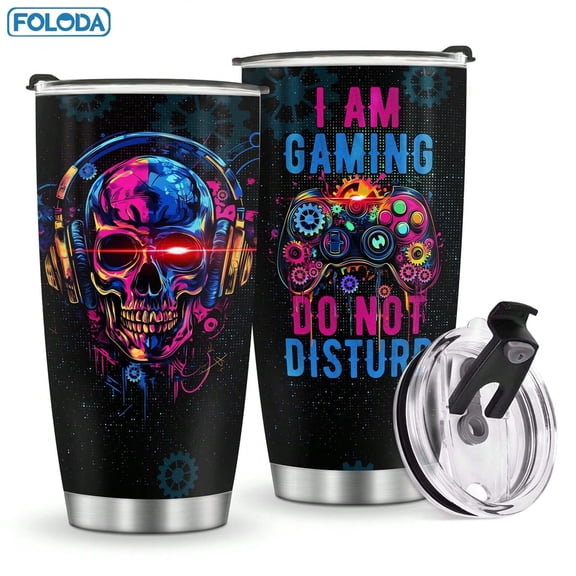 Foloda 1pc Skull Gamer Tumbler Gift, Game Coffee Mug 20oz With Lid Insulated Strainless Steel Travel Mug, Skull Mug Gift For Christmas Birthday Father's Day Gift Men Father
