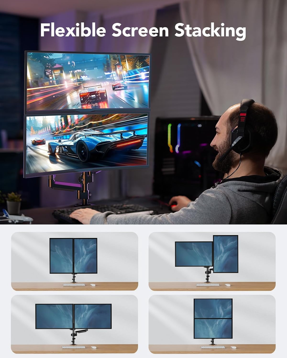 Dual Monitor Mount up to 32 inches Screens, Taller Stand Hold 19.8lbs, Arm Desk Easy Adjustable with Tilt, Swivel, Rotation, VESA 75/100mm