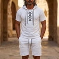 thumbnail image 2 of VBTAPA Mens Beach Outfits 2 Piece Cotton Linen Set Lace Up Short Sleeve Hooded Shirt and Shorts Set Retro Boho Resort Wear White S, 2 of 7