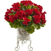 Nearly Natural Geranium Artificial Flowers with Metal Planter, Red