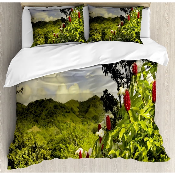 Ambesonne Forest Duvet Cover Set, Rural Scenery Costa Rica, King, Green Red Violet Blue
