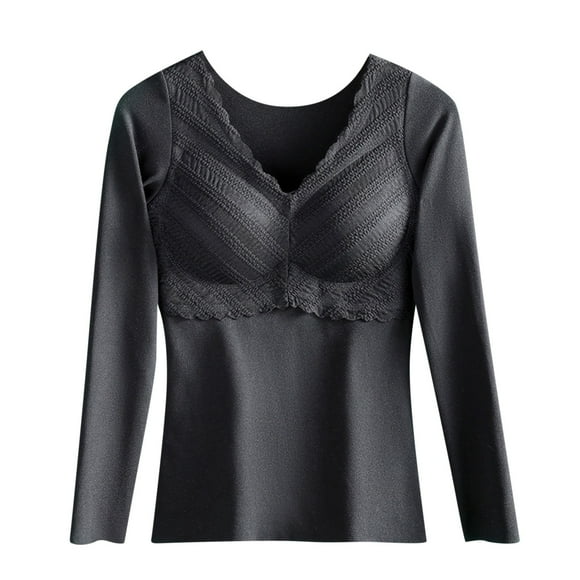 Lovzfmll Women's Thermal Top Self-Heating Long Sleeve, V-Neck with Fleece Lining and Seamless Design for Full Coverage Warmth