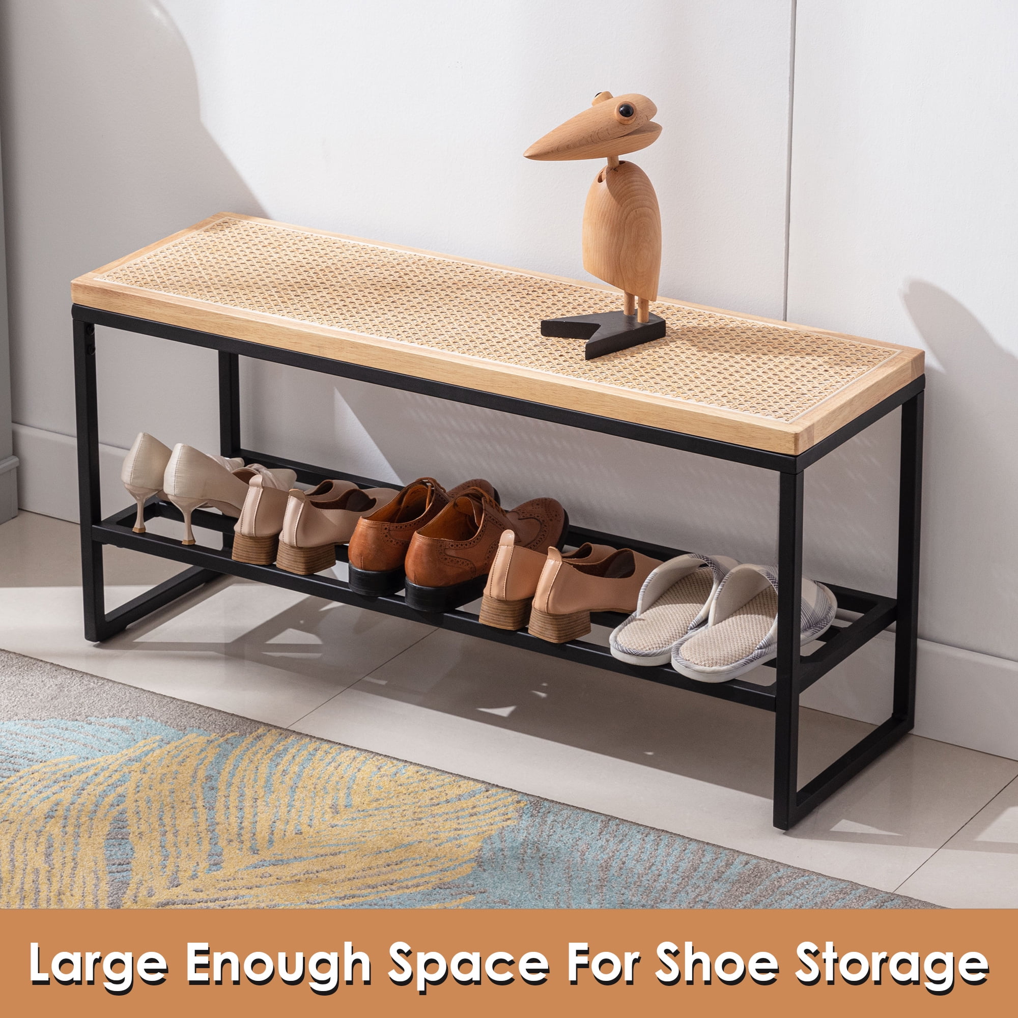 ONEVOG Modern Cane Bench Ottoman, Entryway Rattan Bench with Shoe