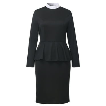 GRACEART Church Clergy Dress for Women Minister Long Sleeve Ruffle Slim Pencil Dress with Tab Insert Stand Collar