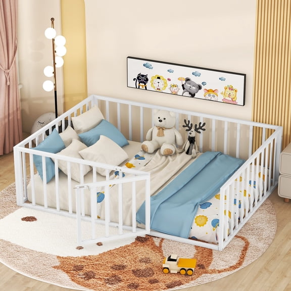 Full Size Metal Floor Bed Frame with Safety Fence & Door for Kids, Sturdy Open Design Toddler Bed with Play Space, White