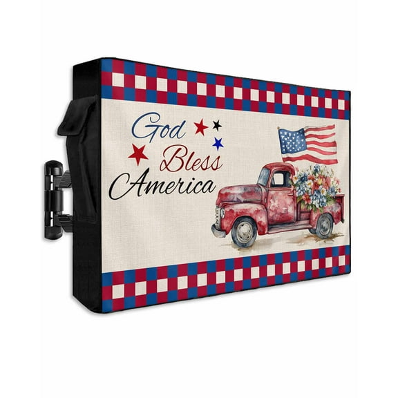 4th of July Outdoor TV Cover 60 to 65 Inch Weatherproof, Red Blue Plaid Truck Floral Star Rustic 600D Oxford TV Covers with Waterproof Zipper, Outside Flat TV Screen Protector Size 58"Wx37"Hx4.5"D