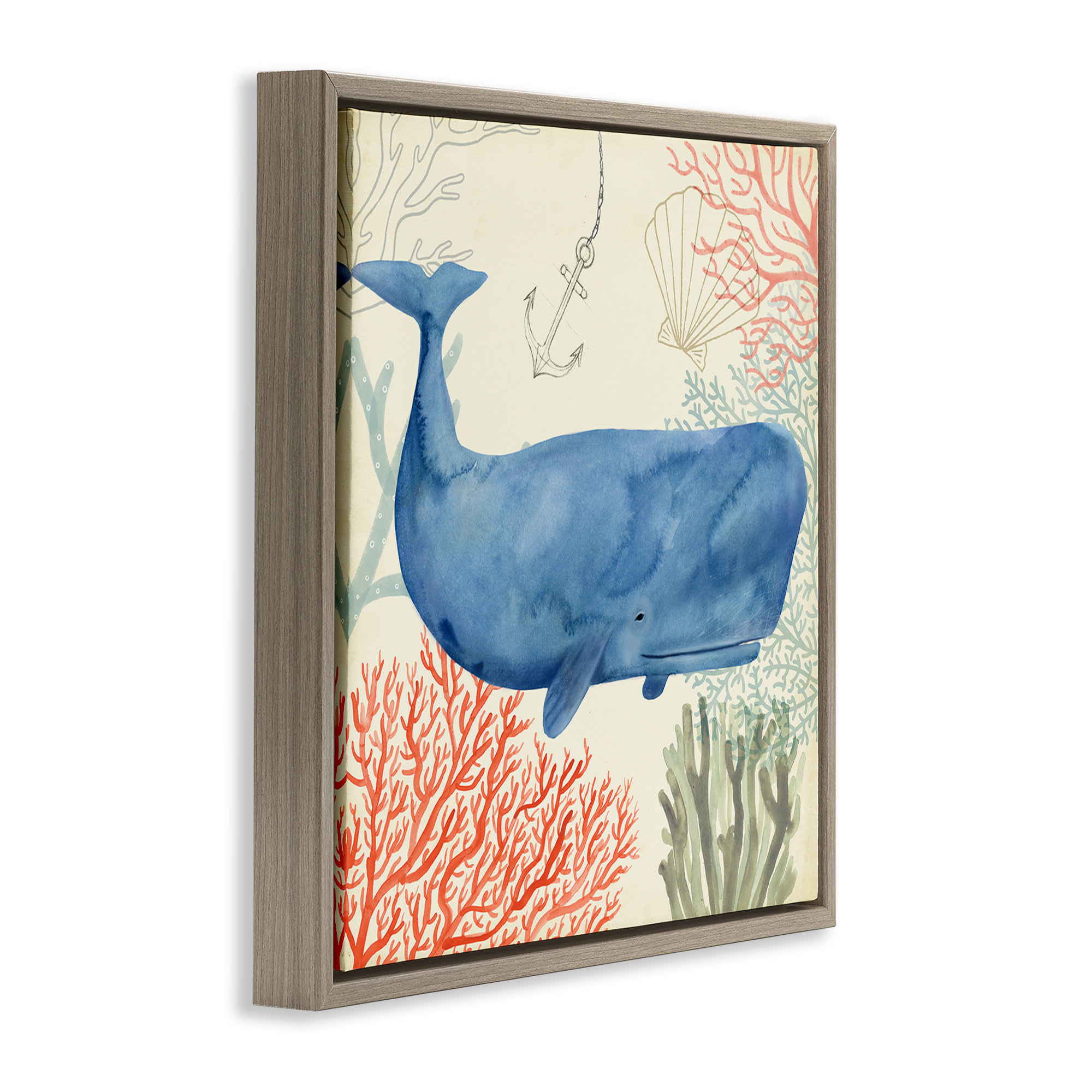 Stupell Industries Underwater Whimsical Whale Watercolor Animals & Insects Painting Brown Floater Framed Canvas Art Print Wall Art, 25 x 25