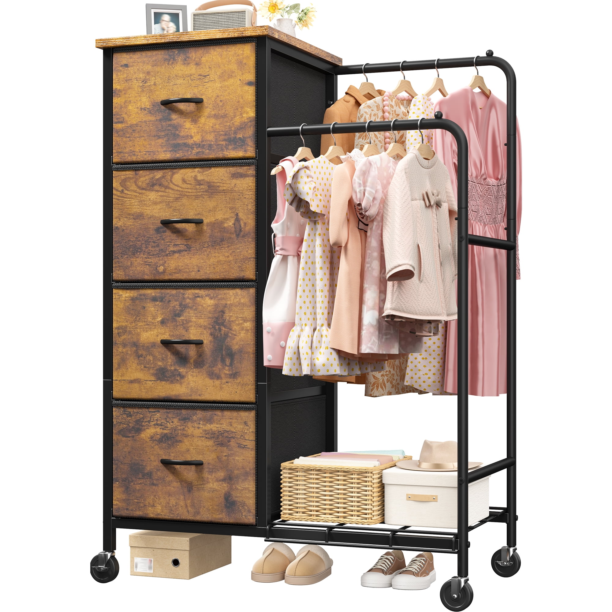 EnHomee Fabric Dresser with 2 Hanging Racks Small Dresser with 4 Drawers for bedroom Small Closet with Clothes Rack, Rustic Brown