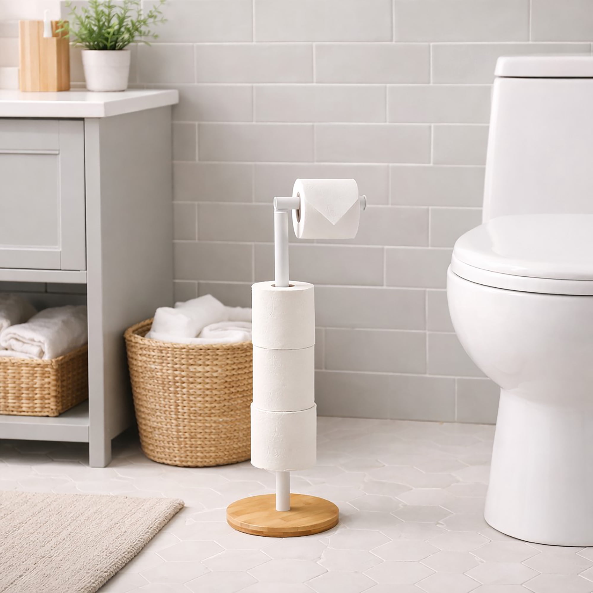 White Freestanding Toilet Paper Holder Stand with Bamboo Base