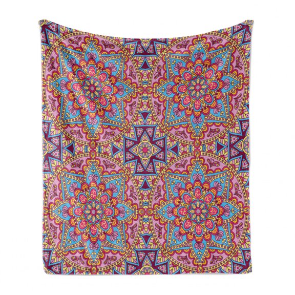 Purple Mandala Soft Flannel Fleece Throw Blanket, Hippie Style Eastern in Moroccan Vivid Tones Motif, Cozy Plush for Indoor and Outdoor Use, 50" x 70", Multicolor, by Ambesonne