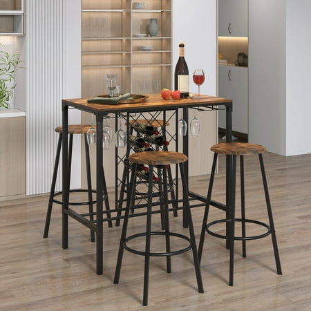 Costway 5PCS Bar Table & Stools Set Industrial Bistro Set with Wine Rack & Glass Holder - Rustic Brown/Black