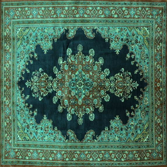 Ahgly Company Indoor Square Medallion Turquoise Blue Traditional Area Rugs, 5' Square
