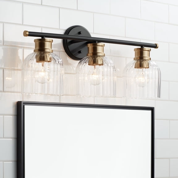 Stiffel Mid Century Modern Wall Light Black Brass Hardwired 23" 3-Light Fixture Clear Glass Shade for Bathroom Vanity Mirror House