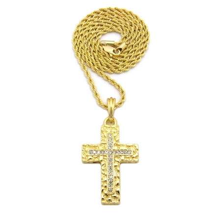 Coral Nugget Silver Necklace - Stone Stud Cross on Nugget Cross Pendant with Chain Necklace - 2mm 24