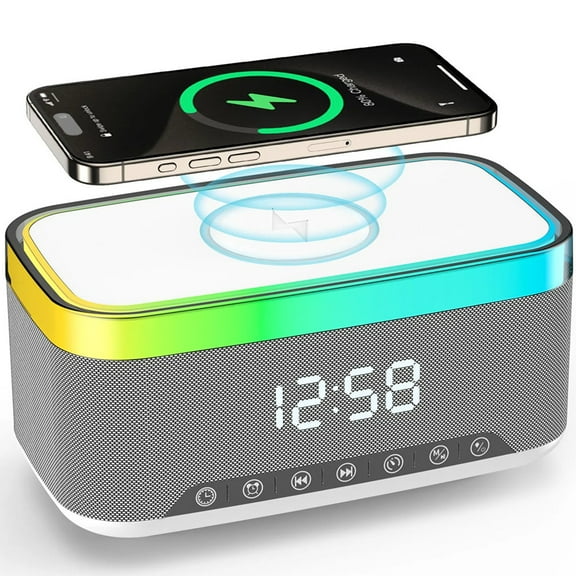 4-in-1 Wireless Charger, 15W Fast Desk Wireless Charging Station for iPhone 17-12 Pro Max Plus with Bluetooth Stereo Speaker,Digital Clock Alarm,Colors Night Lamp for iPhone