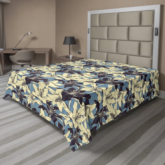Ambesonne Floral Flat Sheet, Retro Lillies Flowers Art, King Size, Sea Blue and Cream