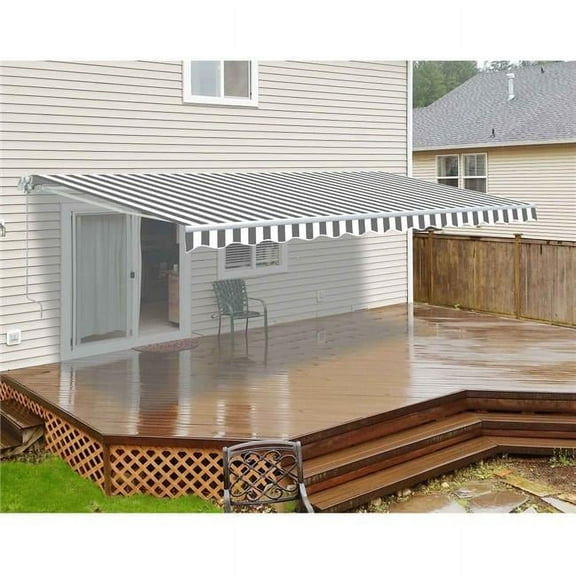Go-for-Gold 10' x 8' White and Grey Striped Motorized Retractable Patio Awning, UV Resistant