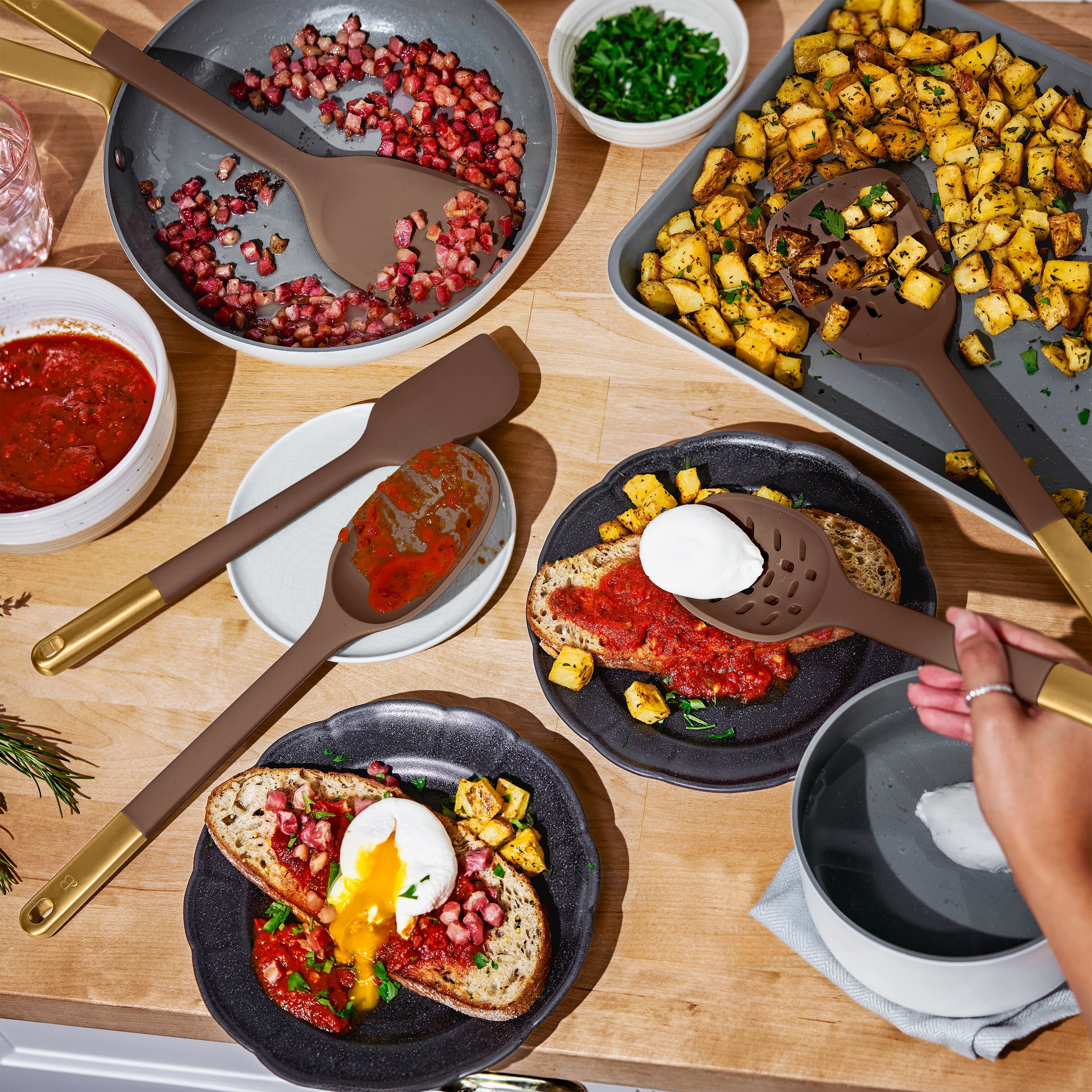Beautiful 6-Piece Silicone Kitchen Tool Set with Ceramic Crock, Chocolate by Drew Barrymore