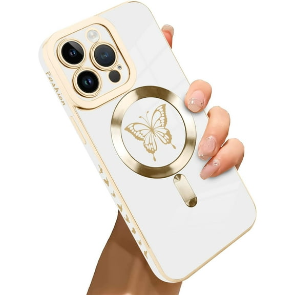 for iPhone 13 Pro Max Case [Support for Magsafe] Butterfly Pattern Magnetic Plating Screen Protector Luxury Elegant Case Camera Protector Soft Shockproof Protective Corner Back Cover -White