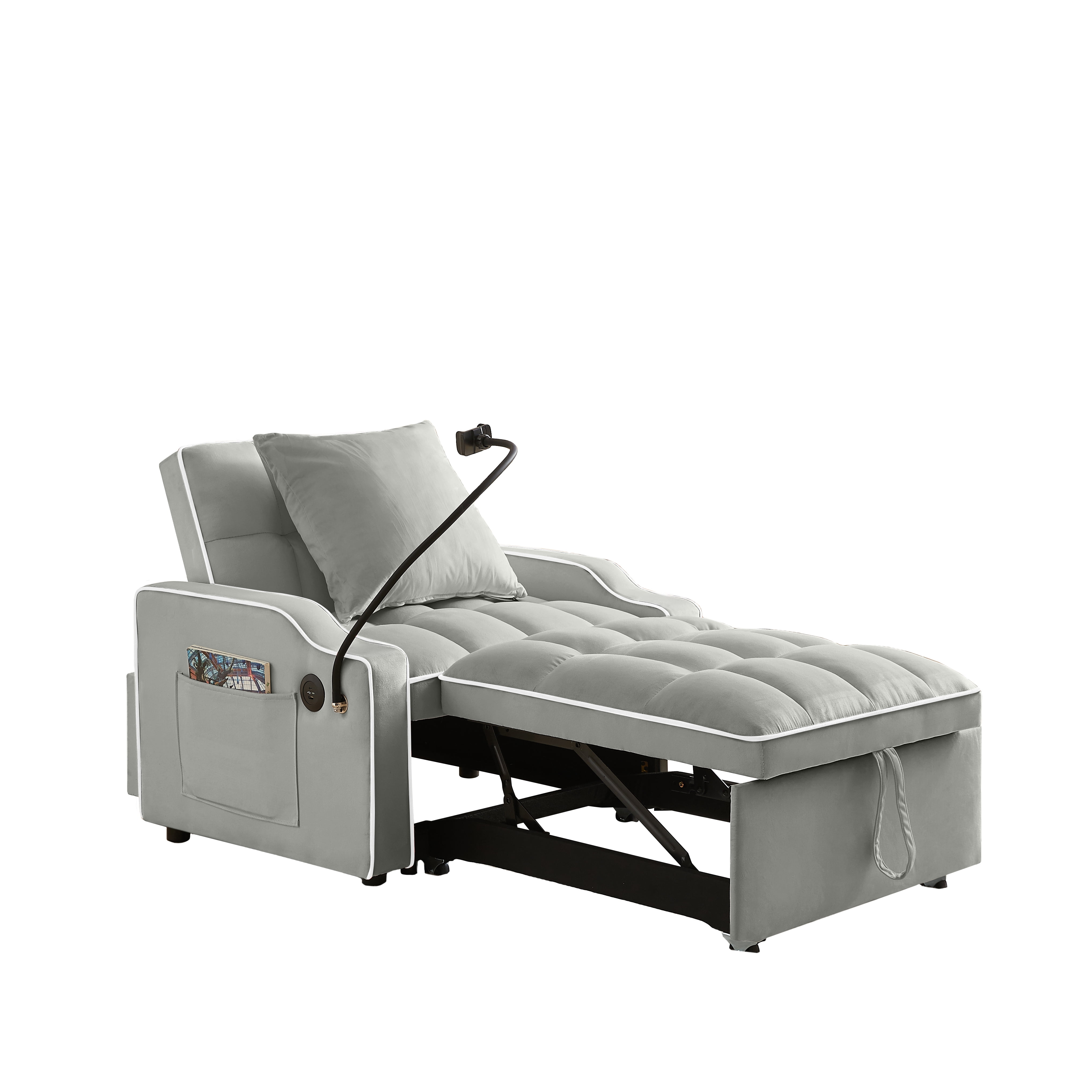 Leumius Convertible Sofa Chair Bed,3-in-1 Sleeper Sofa with Pull-Out Bed,Modern Velvet Single Sofa Chair with Reclining Backrest and Wide Armrest for Living Room Small Space,Gray