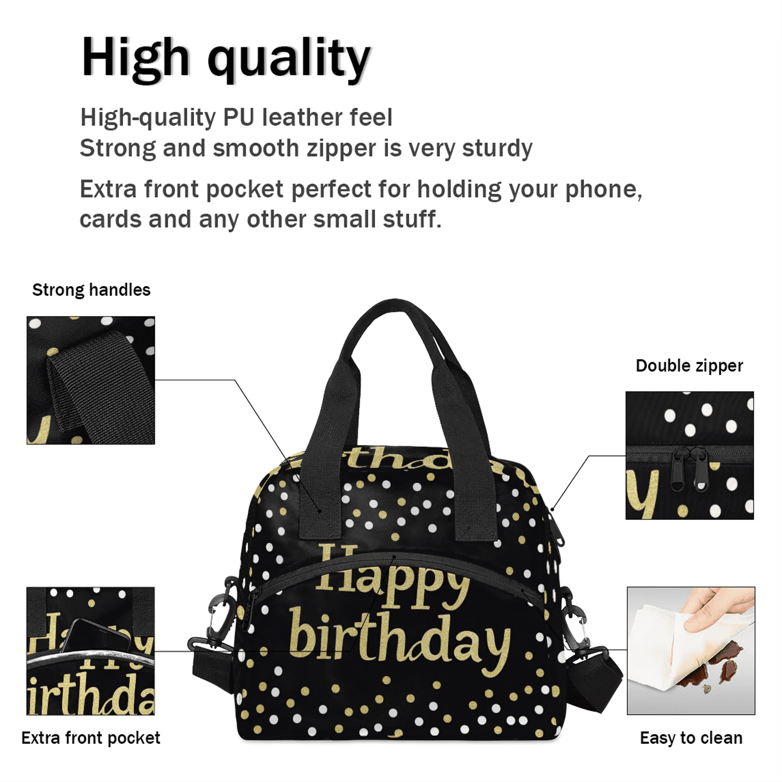 Herdesigns Happy Birthday Lunch Bag for Men Women Adults Birthday Theme Insulated Lunch Box Leakproof Cooler Tote Bag Organizer with Adjustable Shoulder Strap