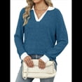 thumbnail image 3 of Suéteres de Cuello en V para Mujer, Jersey con Bloques de Color, Mangas Largas, Corte Holgado, Estilo Informal, Tipo Túnica, Camisetas. Azul Pavo Real M, 3 of 10