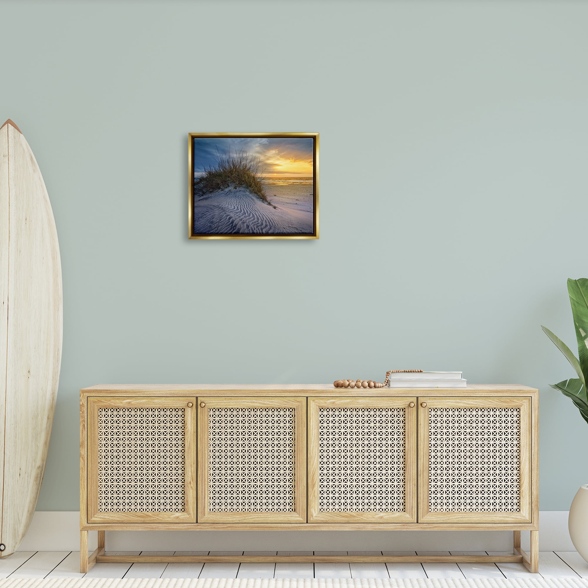 Stupell Beach Sand Dunes Vivid Sunrise Landscape Photography Gold Floater Framed Art Print Wall Art