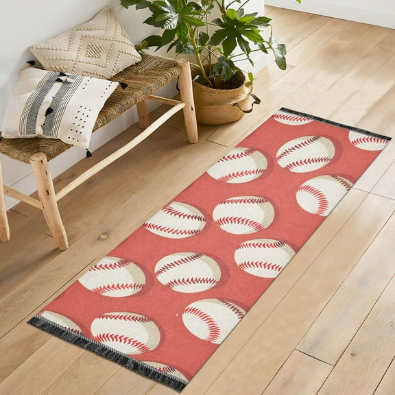 Ryvnso Baseball Red Bedroom Runner Rug 2'x6' Hallway Area Carpet Non Slip Entryway Mat with Tassels