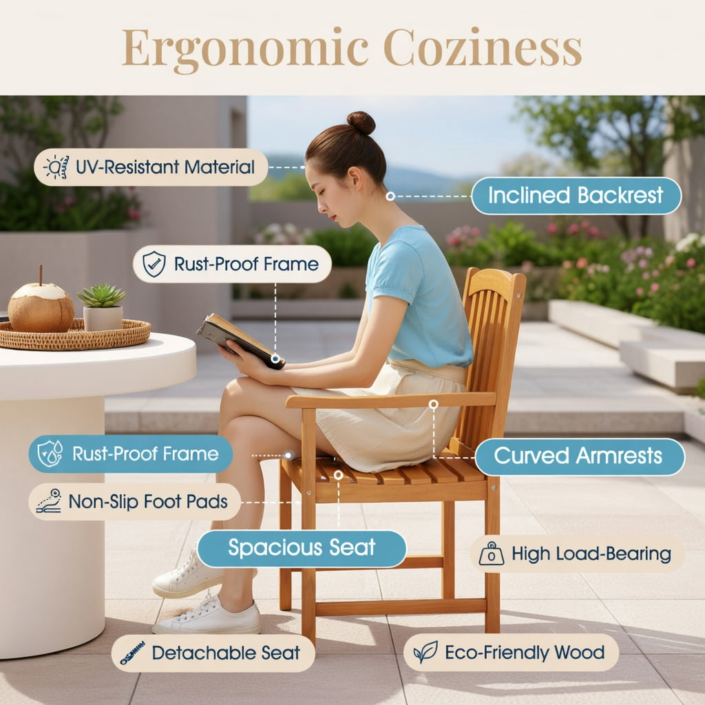 Hommoo 2-Pack Acacia Wood Outdoor Patio Chairs, Slatted Ventilated Seat, Ergonomic Inclined Backrest & Reinforced Frame for Porch, Balcony, Garden & Poolside, Natural