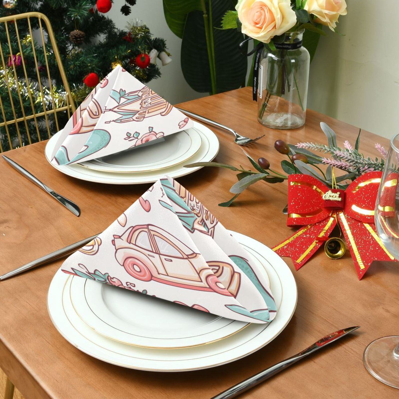 JSTEL Cartoon Wedding Heart Cloth Napkins Set of 6, 20x20 Inch Washable and Reusable Napkin for Decoupage Dinner Party Everyday Use